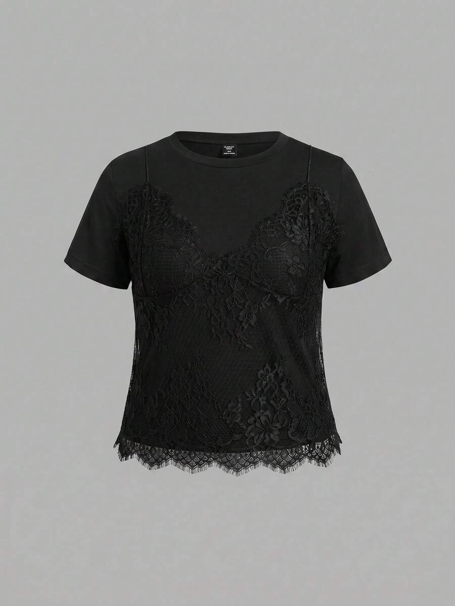 SHEIN MOD Kaos Crop Top Hitam Ukuran Besar 2 in 1 dengan Patchwork Renda dan Leher Bulat, Cocok untuk Kencan Malam di Musim Panas dan Seksi - Hitam - View 1