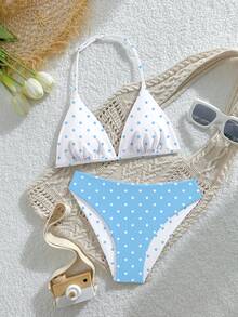SHEIN Set Baju Renang Anak Perempuan Remaja, Kasual, Liburan, Lucu, Motif Acak, Kain Rajut, Atasan Halter yang Dapat Diatur dan Bawahan Segitiga 2pcs, Bolak-balik, Cocok untuk Liburan Musim Panas di Pantai, Kolam Renang, Pesta, dan Liburan. - MultiWarna - View 5