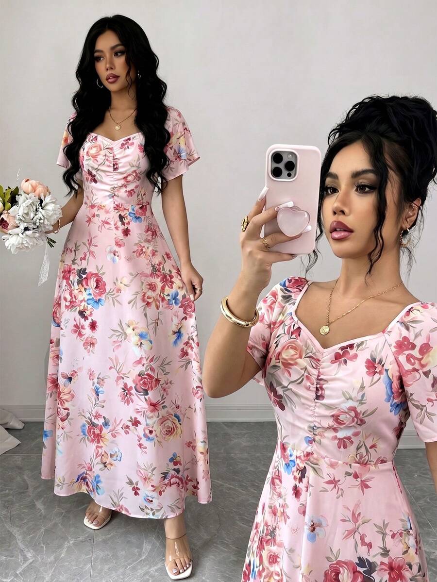 SHEIN Elenzya 女士玫瑰碎花褶皱前片荷叶袖腰部A字连衣裙,魅力优雅休闲度假通勤性感时尚约会法式街头复古百搭春夏红白多色新款短袖长裙 - 粉色 - 查看 1