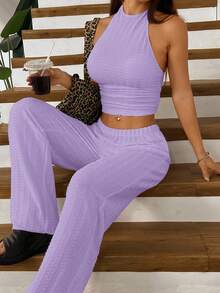 SHEIN EZwear 女士紫色纹理露脐吊带上衣和宽松阔腿裤套装 - 紫丁香色 - 查看 4