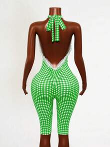 Mistrie Bộ jumpsuit nữ gợi cảm, thoải mái, phong cách nghỉ dưỡng, họa tiết ren, hở lưng, buộc dây phía trước. - màu xanh lá - Xem 2