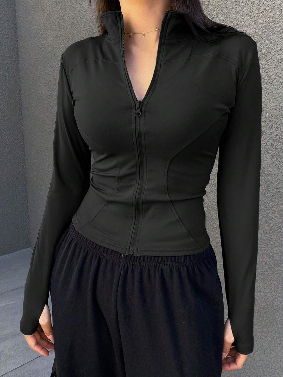 DAZY Ladies' Solid Color Simple Daily Zip-Up Jacket With Long Sleeves - Black - View 1