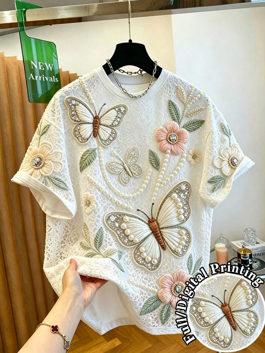 SHEIN 推荐畅销单品,温柔甜美蝴蝶花朵女士夏季T恤,适合上学、日常购物、约会、通勤和休闲穿着 - 白色 - 查看 1