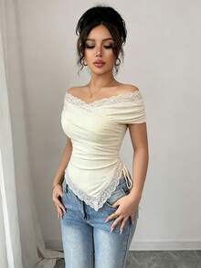 Blusa corta ajustada con estampado de leopardo, cintura ceñida y bajo asimétrico - Albaricoque - Ver 6