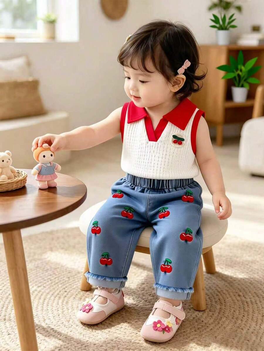 SHEIN Playful Pals Bộ 2 món cho bé gái, gồm áo không tay cổ bẻ màu mơ và quần jean ống đứng, chất liệu vải dệt kim mềm mại, thích hợp cho việc đi học, sinh hoạt hàng ngày. - Màu be - Xem 1