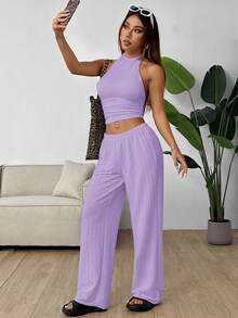 SHEIN EZwear 女士紫色纹理露脐吊带上衣和宽松阔腿裤套装 - 紫丁香色 - 查看 5