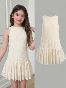SHEIN Vestido SHIEN para meninas pré-adolescentes, em tecido de renda marfim liso, sem mangas e com pregas. Casual, moderno e versátil, ideal para festas, passeios, ensaios fotográficos com a irmã, parques, acampamentos, férias e uso diário. - Damasco - Ver 11