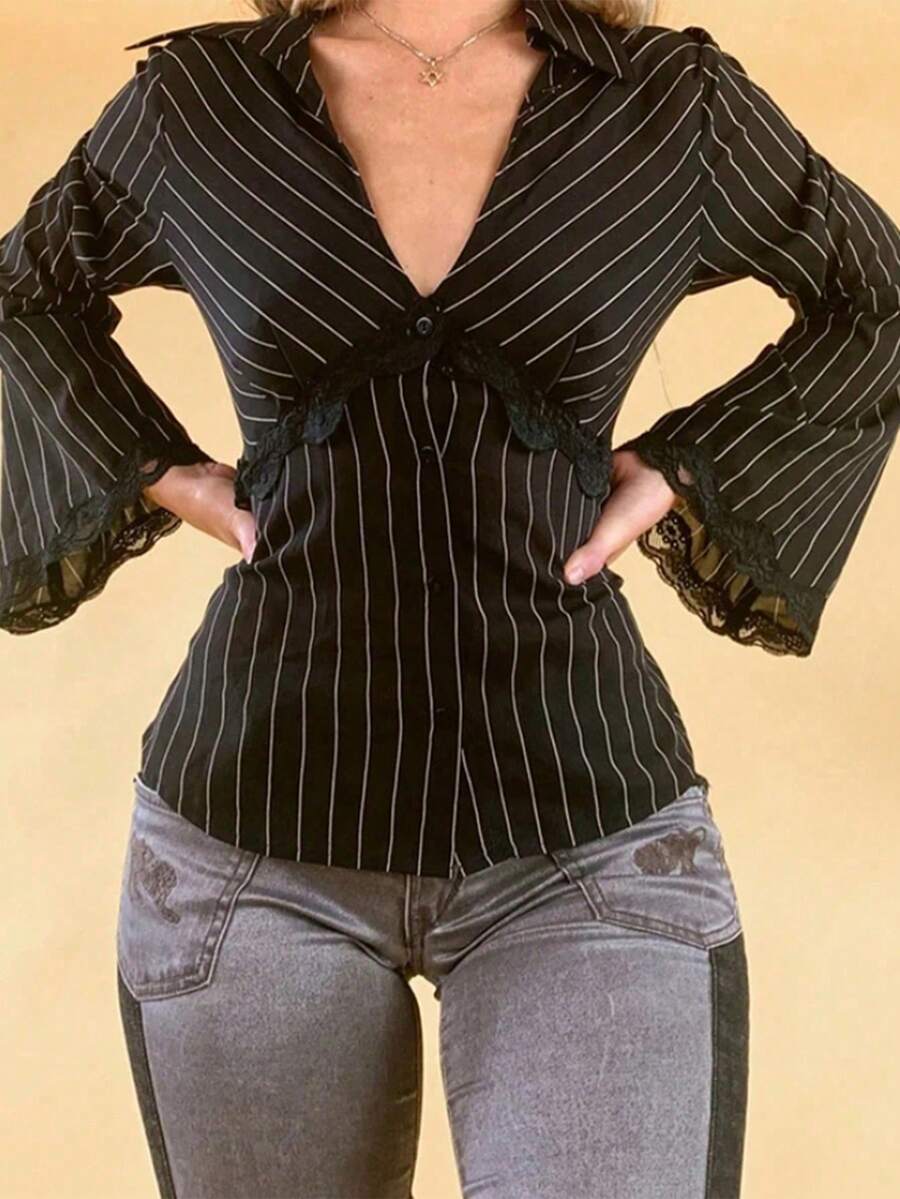 INAWLY Camisa casual de manga larga con estampado de rayas y nudo delantero, talla grande - Multicolor - Ver 1