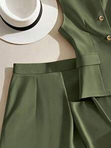 Franclia 夏季优雅通勤纯色背心短裤两件套 - 軍綠色 - 查看 4