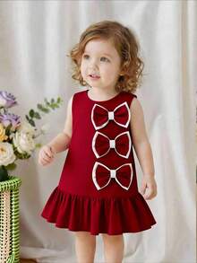 Glamorique Kids Đầm hè không tay màu đỏ cho bé gái, có nơ và bèo nhún ở gấu, một bộ trang phục hè thời trang, thoải mái và dễ thương dành cho bé gái. - Đỏ - Xem 1
