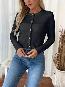 Femmeiva Casual Solid Color Cropped Cardigan, Autumn Fall Winter Cloth For Women - Black - View 3