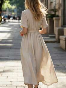 EMERY ROSE Women's Textured Solid Color V-Neck Tie Waist Vacation Dress - Khaki - View 2