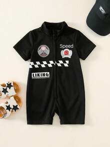 SHEIN Baby Boy/Girl Letter & Racing Car Pattern Knit Soft Short Sleeve Romper With Shorts - Multicolor - View 6