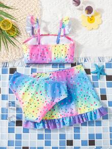 SHEIN Young Girl Colorblock Polka Dot Print Ruffle Trim Bikini Set Set, Summer Beach Holiday - Multicolor - View 4
