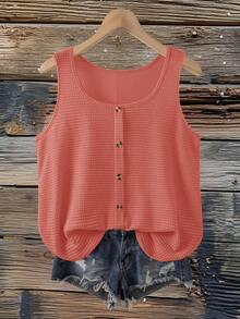 SHEIN VCAY Plus Size Women Summer Apricot Striped Button Decor Sleeveless Camisole - Redwood - View 1