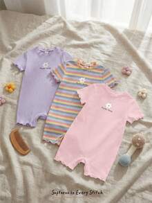 Cozy Pixies 3件套女婴碎花条纹针织柔软圆领短袖连体衣和短裤套装 - 彩色 - 查看 7