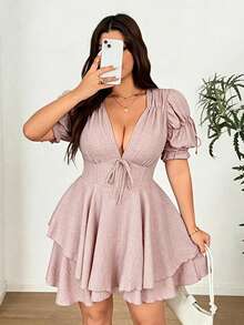 Vionelle Vestido mini de fiesta ajustado con escote en V profundo y mangas abullonadas, talla grande - Rosa vieja - Ver 2