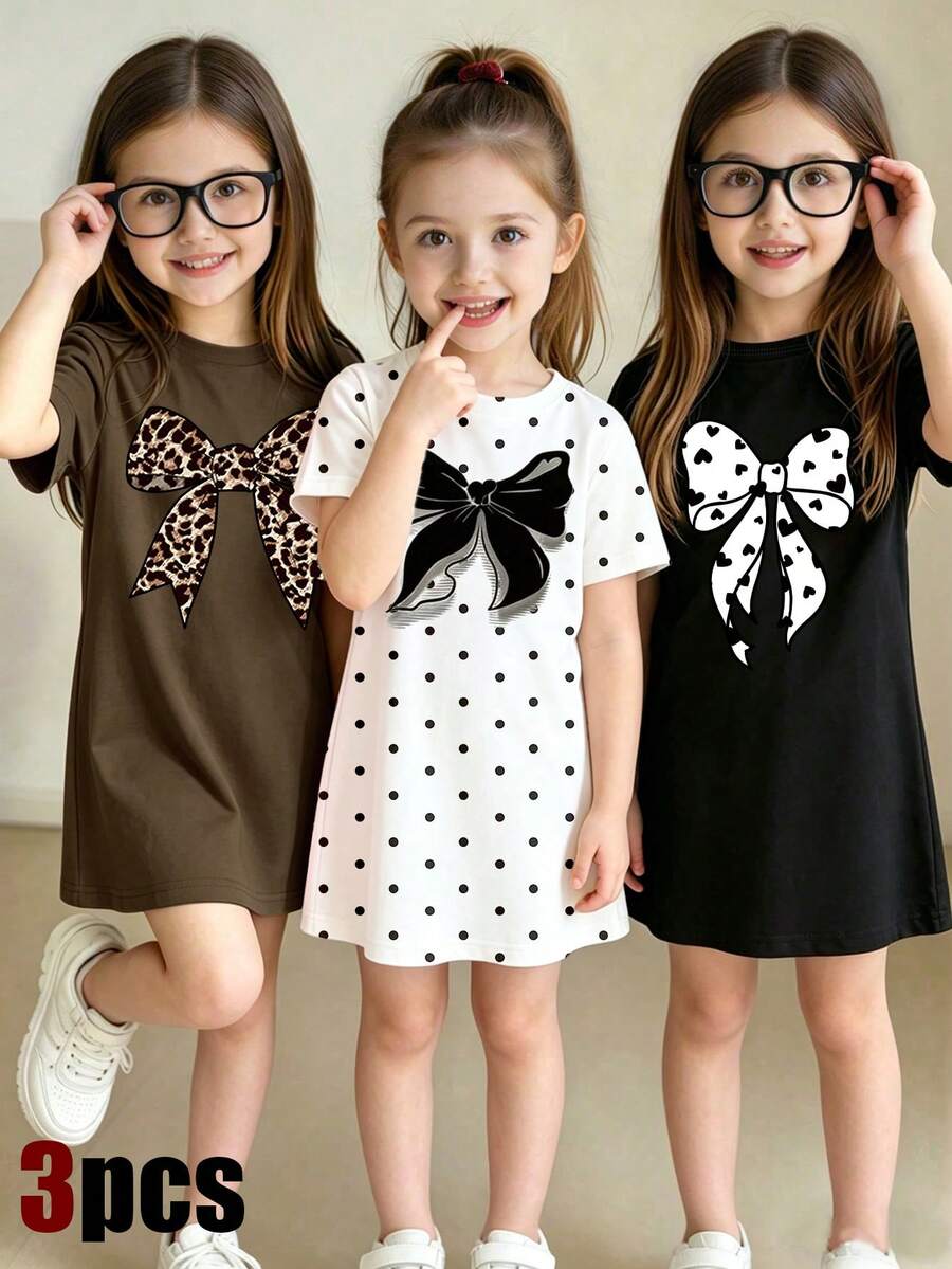 Elladie kids 三件套女童休闲时尚创意个性清新可爱简约豹纹印花短袖T恤裙套装,白色底黑色心形蝴蝶结,黑色丝质蝴蝶结装饰,印花图案,舒适日常穿着,适合春、夏、秋季穿着。 - 彩色 - 查看 1