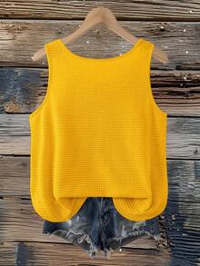 SHEIN VCAY Plus Size Women Summer Apricot Striped Button Decor Sleeveless Camisole - Yellow - View 2