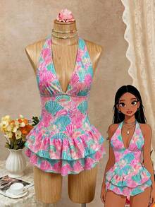 Bellisia Teal And Pink Textured Fabric Halter Neck Deep V-Neck Backless Double Ruffle Hem Dress, Cute Tropical Sweet Style For Summer Beach Vacation - Multicolor - View 3