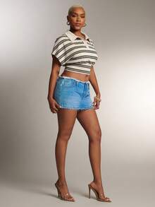 Denimoi Cinched Waist Collared Striped Polo Top Fashionable Tops Collared Top - Apricot - View 4