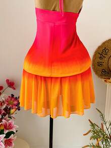 Soleia Plus Size Women Ombre Metallic Flower Decor Fashion Halter Vacation Dress - Multicolor - View 4