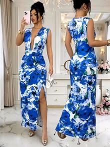 SHEIN Elenzya Women's White And Blue Floral Print V-Neck Slit A-Line Dress,Summer Elegant Holiday Vacation,Waist Cinched Fashionable Retro Mid-Length - Blue - View 6