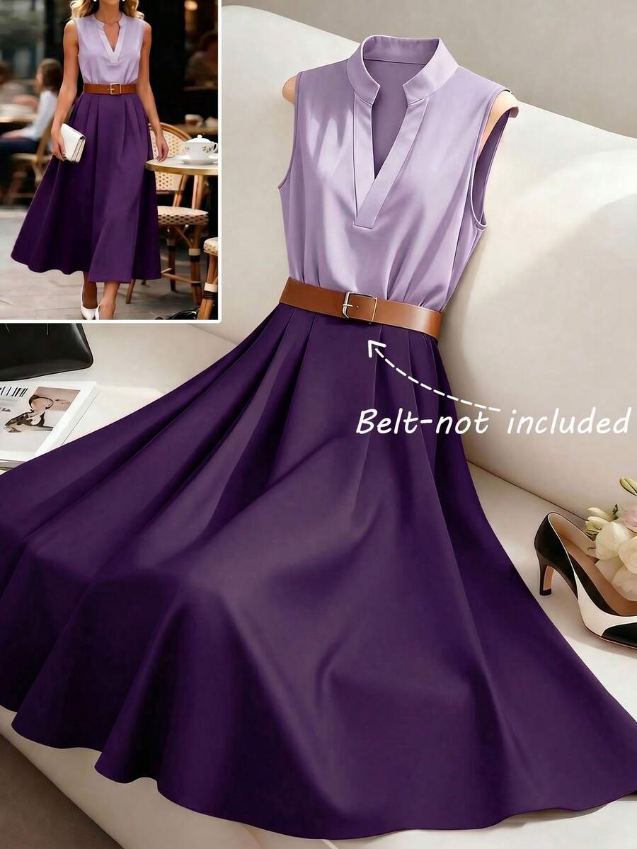 GlowEve Women's Elegant Purple Summer Dress,V-Neck Collared Color Block 2 In 1 Cinched Waist A-Line Mid-Length Sleeveless Office Work Dress,Retro - Multicolor - View 1