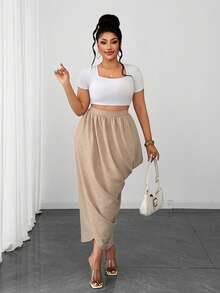 Maweii Falda plisada con cintura elástica asimétrica de talla grande - Caqui - Ver 6