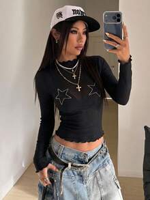 StreetHx American Baddie Star Rhinestone Mesh Sheer Fitted Cropped T-Shirt - Black - View 6
