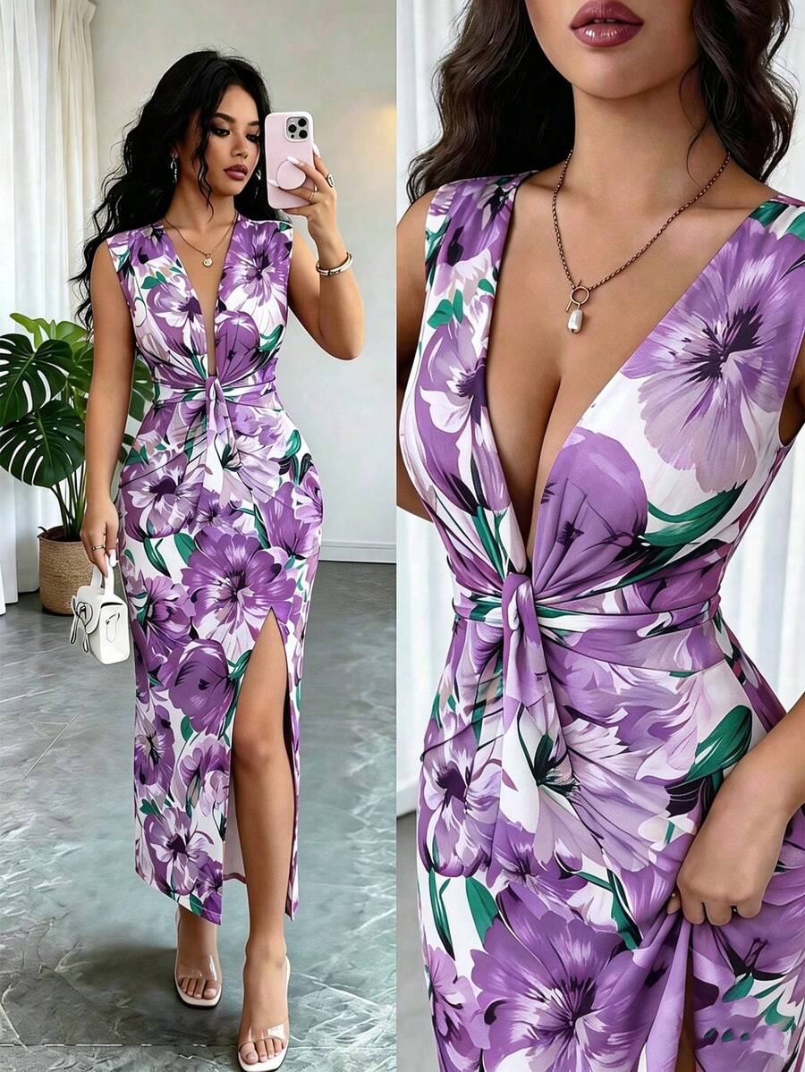 SHEIN Elenzya 女士印花V领荷叶边开衩A字连衣裙,收腰设计,魅力优雅,适合度假、通勤,性感时尚,适合约会,法式街头复古百搭风,春夏新款中长连衣裙,多种颜色可选 - 紫色 - 查看 1