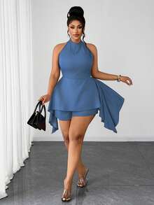 Maweii Vintage Fitted Halter Tie Waist Asymmetrical Plus Size Jumpsuit Gym Brown Summer - Blue - View 6