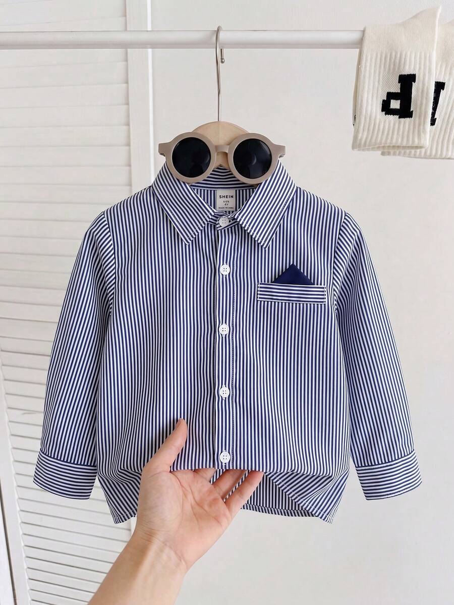 SHEIN Vacaura 年轻男孩休闲条纹绅士衬衫,适合秋冬季 - 藍色 - 查看 1