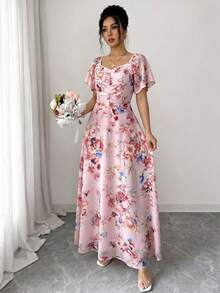 SHEIN Elenzya 女士玫瑰碎花褶皱前片荷叶袖腰部A字连衣裙，魅力优雅休闲度假通勤性感时尚约会法式街头复古百搭春夏红白多色新款短袖长裙 - 粉色 - 查看 8