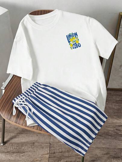 Manfinity Joysei Men's Casual Lemon Print T-Shirt Set, 2 Piece Outfit, Suitable For Summer Outing And Vacation