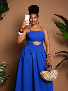 Maweii Plus Size Women Vacation Solid Color Hollow Out Sexy Spaghetti Strap Dress - Royal Blue - View 2