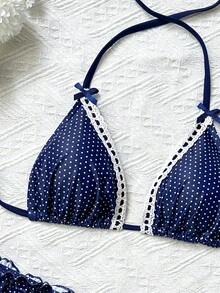 Swim Mod 2pcs Polka Dot Print Triangle Halter Bikini Set With Ruffle Hem Bottoms, Cute Girl Swimwear - Multicolor - View 5