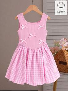 Elladie kids Đầm hồng không tay cho bé gái, phần thân trên dệt kim có điểm nhấn nơ, chân váy phồng kẻ caro, kiểu dáng ngọt ngào, thích hợp cho mùa xuân đến đầu mùa thu. - Hồng - Xem 8