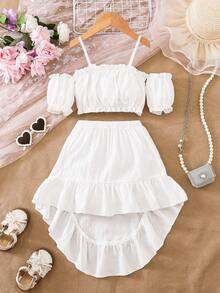 SHEIN Genkimix Kids Conjunto informal de 2 piezas de blusa de hombros descubiertos y minifalda de unicolor para niña - Blanco - Ver 3