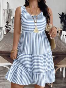 Breezaya Plus Size Women Casual Striped Dress, Fashionable Choice For Summer Vacation - Blue - View 6