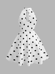SHEIN 少女休闲优雅波点印花A字露背连衣裙半身裙 - 黑與白 - 查看 2