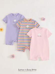 Cozy Pixies 3件套女婴碎花条纹针织柔软圆领短袖连体衣和短裤套装 - 彩色 - 查看 5