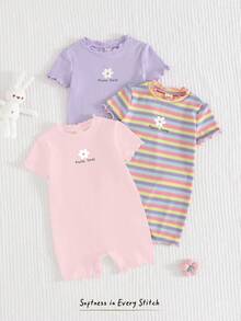 Cozy Pixies 3件套女婴碎花条纹针织柔软圆领短袖连体衣和短裤套装 - 彩色 - 查看 6