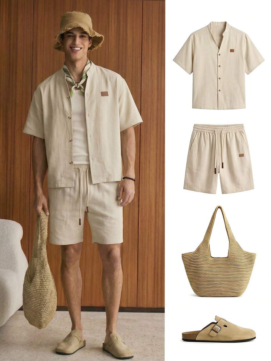 SWAVVY Conjunto de camisa de manga corta con cuello mao y textura y pantalones cortos con cordón y bolsillo para hombre - Gris - Ver 1