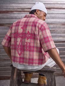 AXEPEAK Men's Cross-Patterned Plaid Short-Sleeved Casual Shirt - Pink - View 6