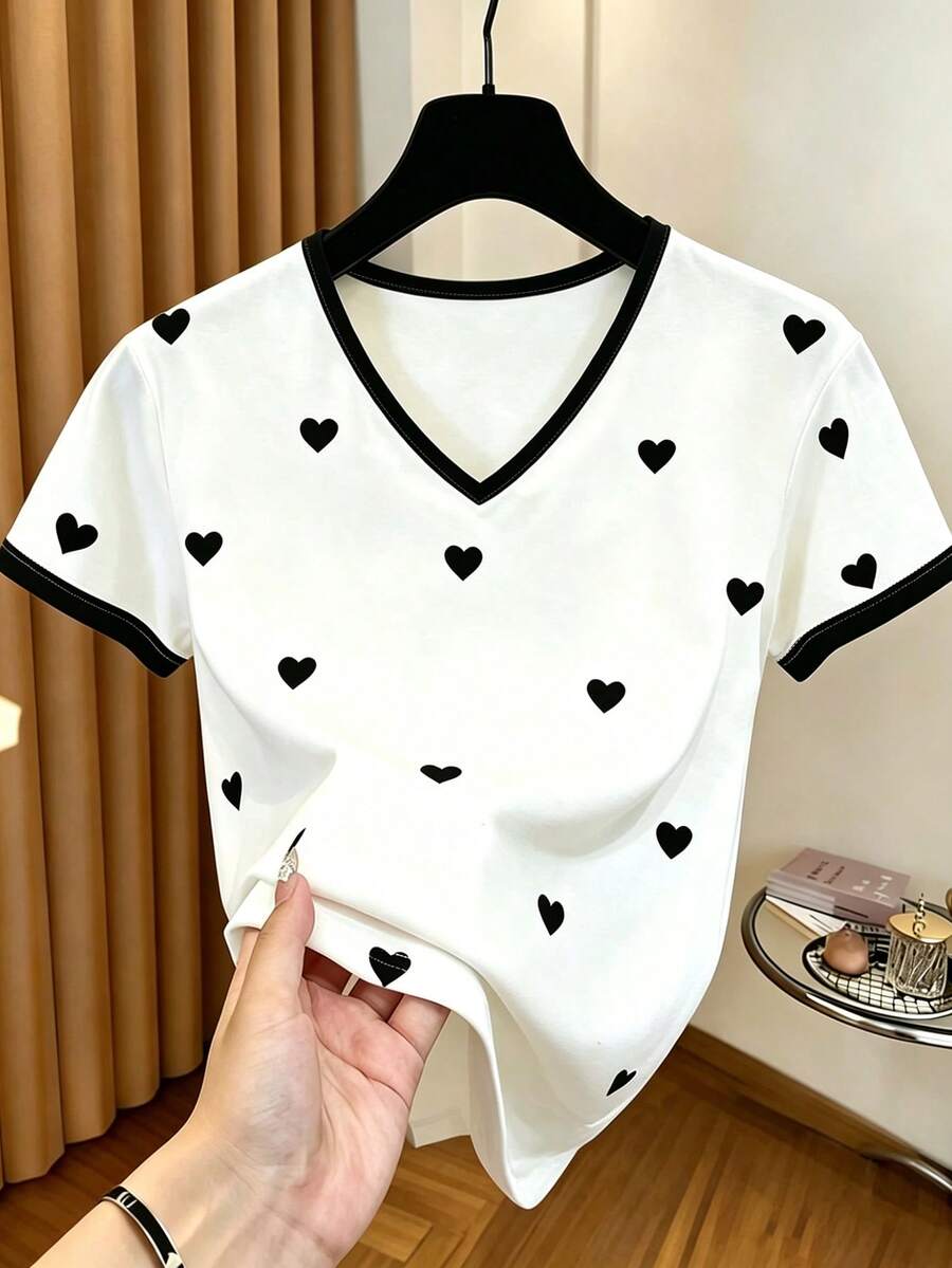 Resyla Áo thun thể thao nữ ngoài trời, kiểu dáng thường ngày, áo thun cổ chữ V đa năng thời trang mùa hè, họa tiết chấm bi đen, màu trắng. - trắng - Xem 1