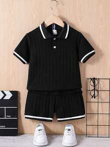 SHEIN Genkimix Kids 2 件套年轻男孩条纹短袖 Polo 衫和短裤，休闲装 - 黑色 - 查看 3