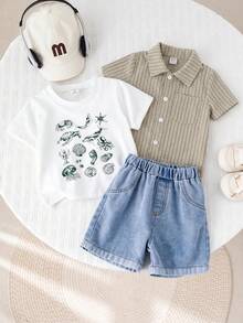 3pcs Set Includes: Baby Boy Summer Casual Vacation Blue Striped Shirt, Shell Graphic White T-Shirt, Blue Denim Shorts Outfit, Summer Suit - Multicolor - View 9