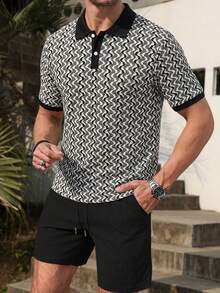 VENTUSAIL Men's Contrast Color Short Sleeve Textured Fabric Polo Shirt & Shorts Set, Suitable For Outings, Gatherings, And Vacations, Holiday - Black - View 4