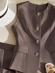 Franclia Summer Elegant Office Women Brown 2 Pieces Set,Solid Color Vest & Shorts Blazer Set,Casual Commuter Short Suit Set,Grey Two Piece Shorts Set  Woman - Coffee Brown - View 3